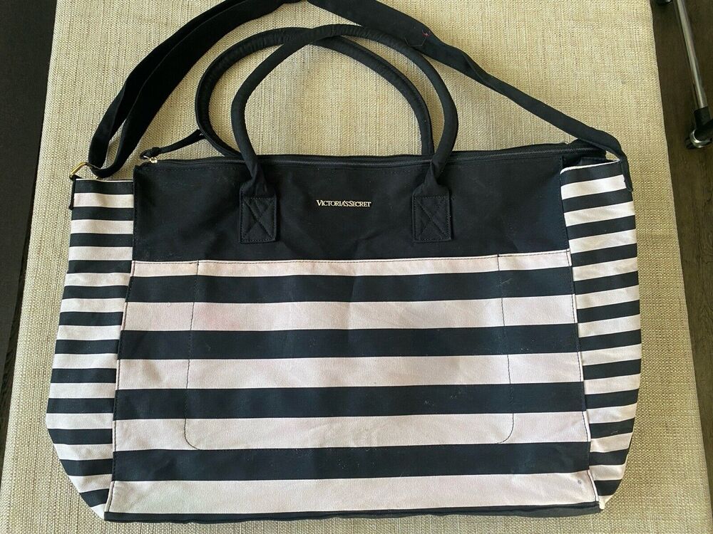 VICTORIAS SECRET Light Pink/Black Beach Travel Bag Large Handle Strap Cotton